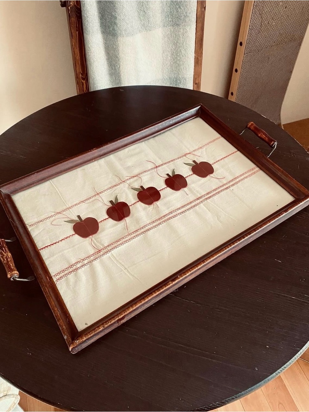 Wooden Serving Tray with Red Apple Inlay - Home Kitchen